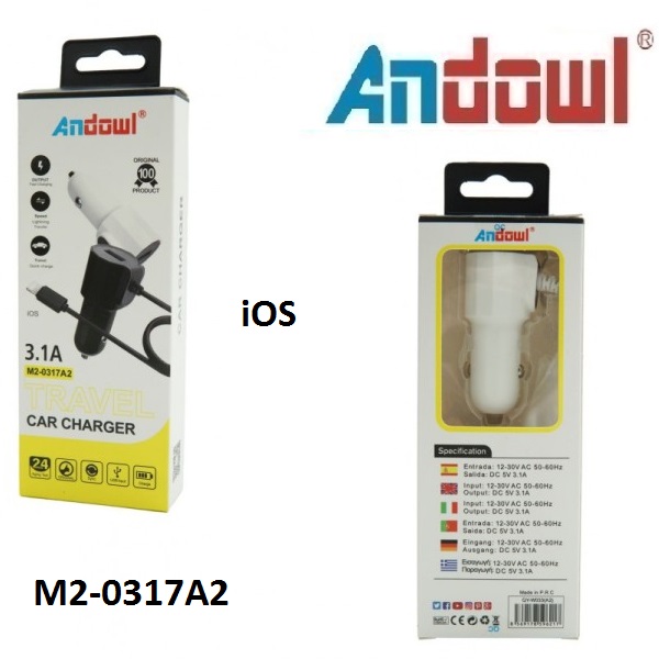 Φορτιστής αυτοκινήτου με θύρα USB και καλώδιο Lightning 3.1A M2-0317A2 ANDOWL Andowl