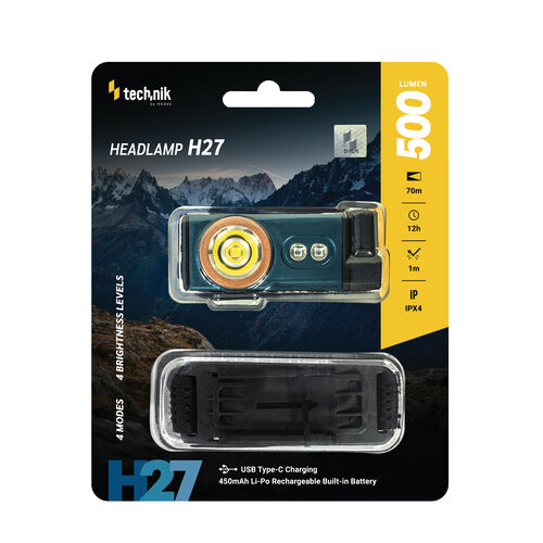 Technik H27 Επαναφορτιζόμενος Φακός Κεφαλής LED USB Type-C IPX4 500 lm