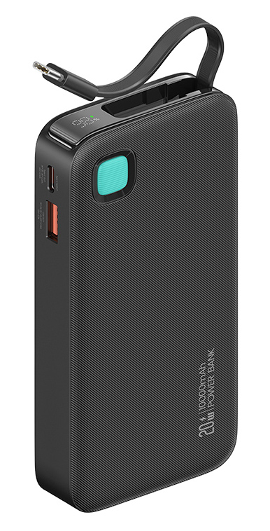 USAMS power bank CD224 με καλώδιο USB-C, 2x θύρες εξόδου, 10000mAh, 20W, μαύρο 10KCD22401