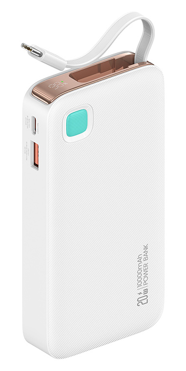 USAMS power bank CD224 με καλώδιο USB-C, 2x θύρες εξόδου, 10000mAh, 20W, λευκό 10KCD22402