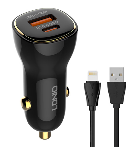 LDNIO φορτιστής αυτοκινήτου C103 με καλώδιο Lightning, USB/USB-C, 60W, μαύρος 5210131159958
