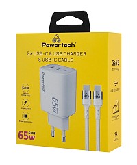 POWERTECH φορτιστής τοίχου PT-1415 με καλώδιο, USB/2x USB-C, 65W, GaN, λευκός PT-1415
