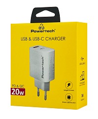 POWERTECH φορτιστής τοίχου PT-1493, USB/USB-C, 20W, λευκός PT-1493