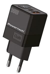 POWERTECH φορτιστής τοίχου PT-1499 με οθόνη, USB/USB-C, 35W, GaN, μαύρος PT-1499