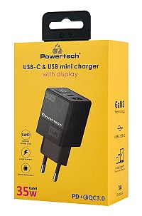 POWERTECH φορτιστής τοίχου PT-1499 με οθόνη, USB/USB-C, 35W, GaN, μαύρος PT-1499