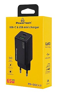 POWERTECH φορτιστής τοίχου PT-1501, USB/USB-C, 65W, GaN, μαύρος PT-1501