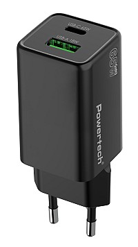 POWERTECH φορτιστής τοίχου PT-1501, USB/USB-C, 65W, GaN, μαύρος PT-1501