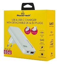 POWERTECH φορτιστής τοίχου PT-1532, EU/UK/CN βύσμα, USB/USB-C, 65W, GaN, λευκός PT-1532