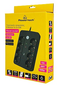 POWERTECH πολύπριζο ασφαλείας PT-1535, 8 θέσεων, με USB & USB-C θύρες, 16A, 1.5m, μαύρο PT-1535
