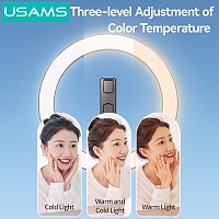 USAMS φωτιστικό δαχτυλίδι LED ZB323 με τρίποδο & βάση smartphone, μαύρο ZB32301