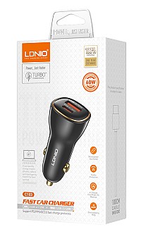LDNIO φορτιστής αυτοκινήτου C103 με καλώδιο USB-C, USB/USB-C, 60W, μαύρος 5210131159941