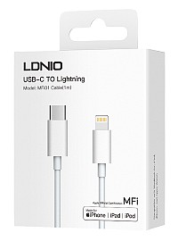 LDNIO καλώδιο Lightning σε USB-C MFi01, MFi, 30W, 480Mbps, 1m, λευκό 6933138601518