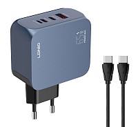 LDNIO φορτιστής τοίχου Q7 με καλώδιο USB-C, USB/Lightning/2x USB-C, GaN, 65W, μπλε 6933138603840