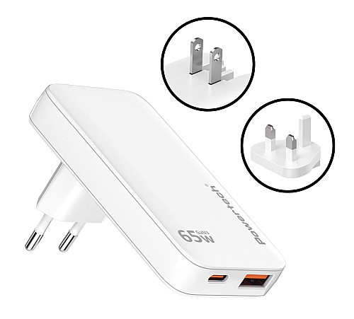 POWERTECH φορτιστής τοίχου PT-1532, EU/UK/CN βύσμα, USB/USB-C, 65W, GaN, λευκός PT-1532