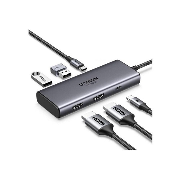 Ugreen Adapter 6w1 CM498 Hub USB do 2x USB-A 3.0 USB-C 3.0 2xHDMI PD (15852) (UGR15852)