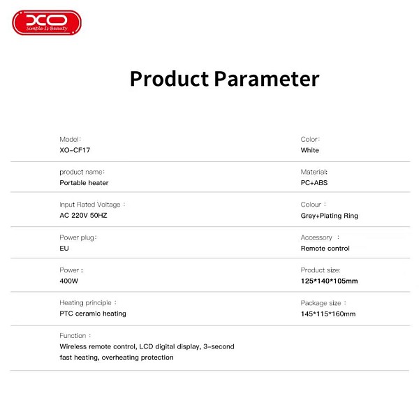 XO CF17 Mini Φορητή Μονάδα Θέρμανσης Τετράγωνη 400W