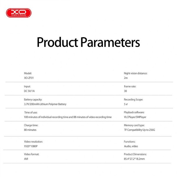 XO ZF01 Κάμερα Καταγραφής με Κλιπ 1080P 32Gb