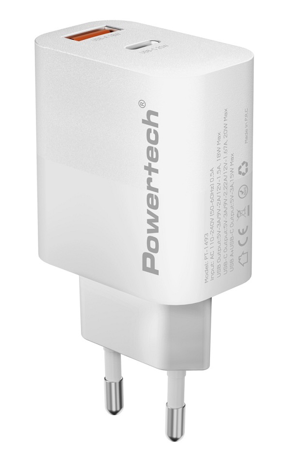 POWERTECH φορτιστής τοίχου PT-1493, USB/USB-C, 20W, λευκός PT-1493