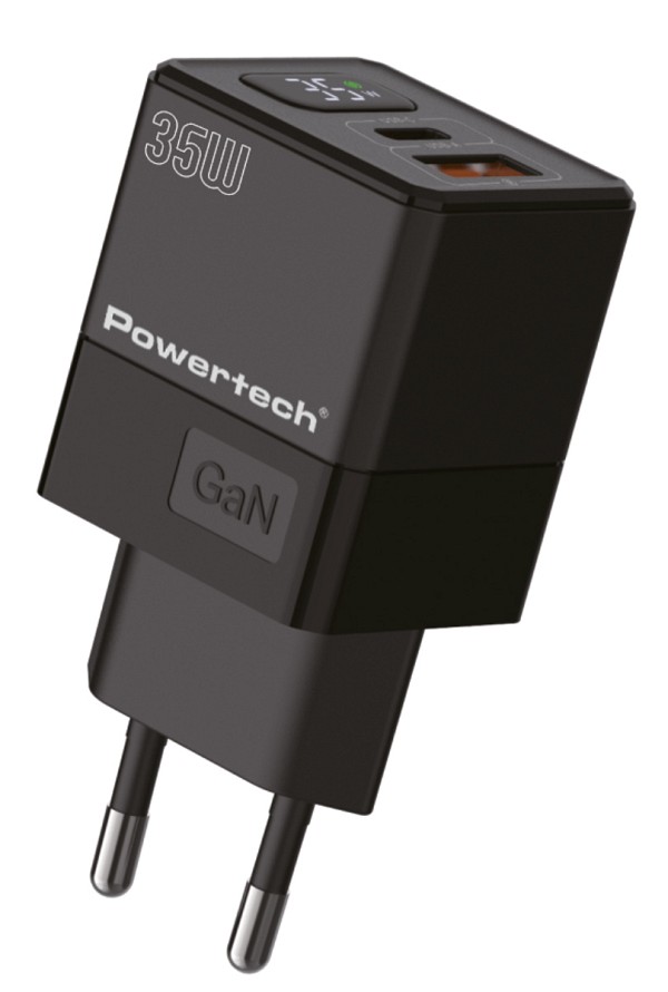 POWERTECH φορτιστής τοίχου PT-1499 με οθόνη, USB/USB-C, 35W, GaN, μαύρος PT-1499