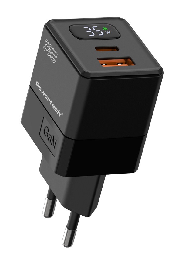 POWERTECH φορτιστής τοίχου PT-1499 με οθόνη, USB/USB-C, 35W, GaN, μαύρος PT-1499
