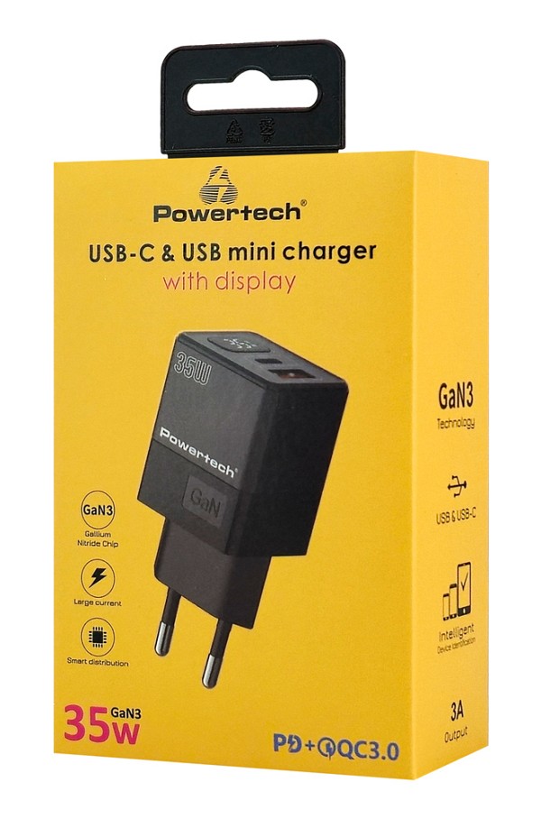 POWERTECH φορτιστής τοίχου PT-1499 με οθόνη, USB/USB-C, 35W, GaN, μαύρος PT-1499