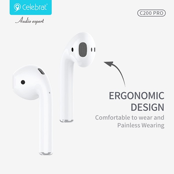 CELEBRAT earphones με θήκη φόρτισης C200 Pro, True Wireless, 13mm, 30/300mAh, λευκά C200-PRO