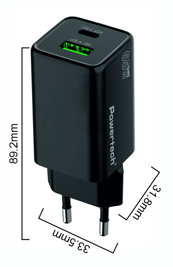 POWERTECH φορτιστής τοίχου PT-1501, USB/USB-C, 65W, GaN, μαύρος PT-1501