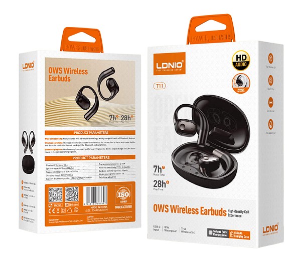 LDNIO earphones με θήκη φόρτισης T11, OWS, Φ15mm, 50/450mAh, μαύρα 6933138603697