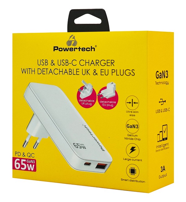 POWERTECH φορτιστής τοίχου PT-1532, EU/UK/CN βύσμα, USB/USB-C, 65W, GaN, λευκός PT-1532