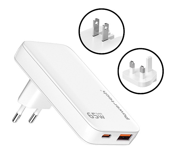 POWERTECH φορτιστής τοίχου PT-1532, EU/UK/CN βύσμα, USB/USB-C, 65W, GaN, λευκός PT-1532