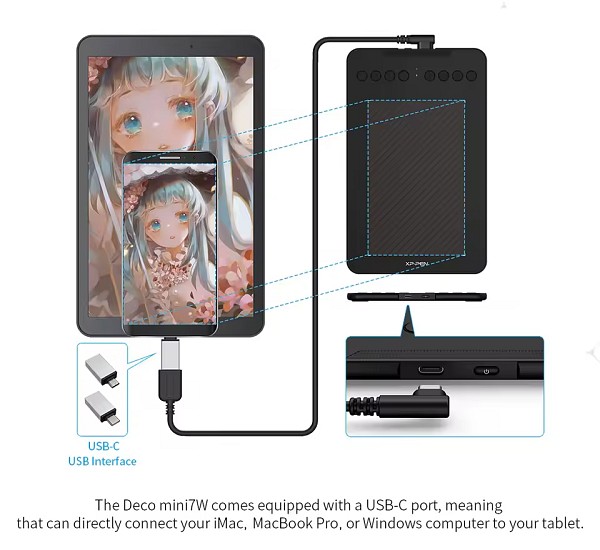 XP-PEN ταμπλέτα σχεδίασης με γραφίδα Deco Mini 7W, ασύρματη σύνδεση, 177.8x111.1mm, μαύρο DECOMINI7W