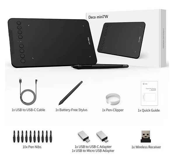 XP-PEN ταμπλέτα σχεδίασης με γραφίδα Deco Mini 7W, ασύρματη σύνδεση, 177.8x111.1mm, μαύρο DECOMINI7W