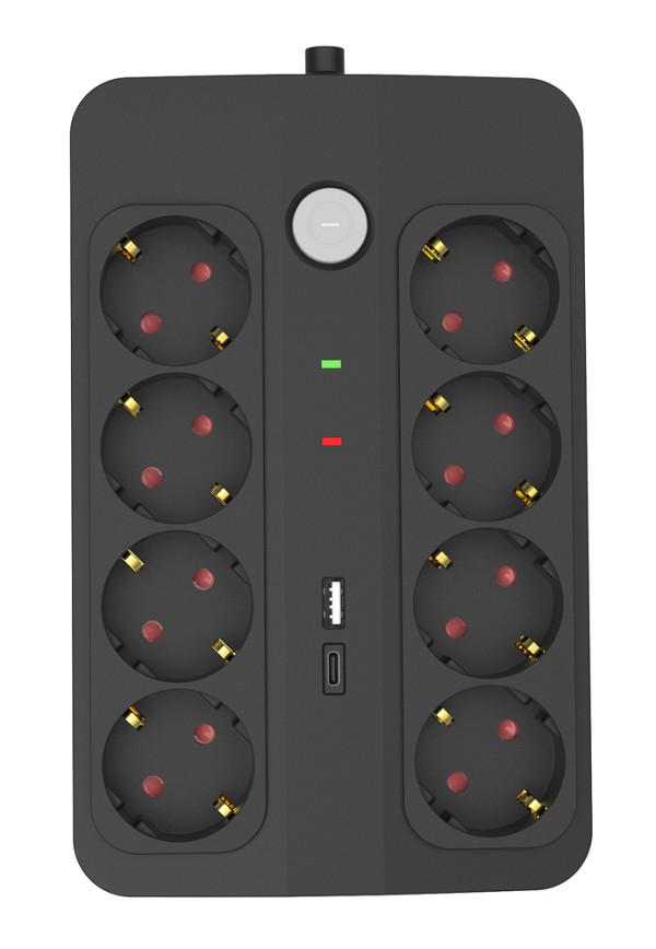 POWERTECH πολύπριζο ασφαλείας PT-1535, 8 θέσεων, με USB & USB-C θύρες, 16A, 1.5m, μαύρο PT-1535