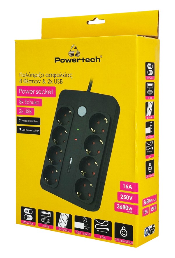POWERTECH πολύπριζο ασφαλείας PT-1535, 8 θέσεων, με USB & USB-C θύρες, 16A, 1.5m, μαύρο PT-1535