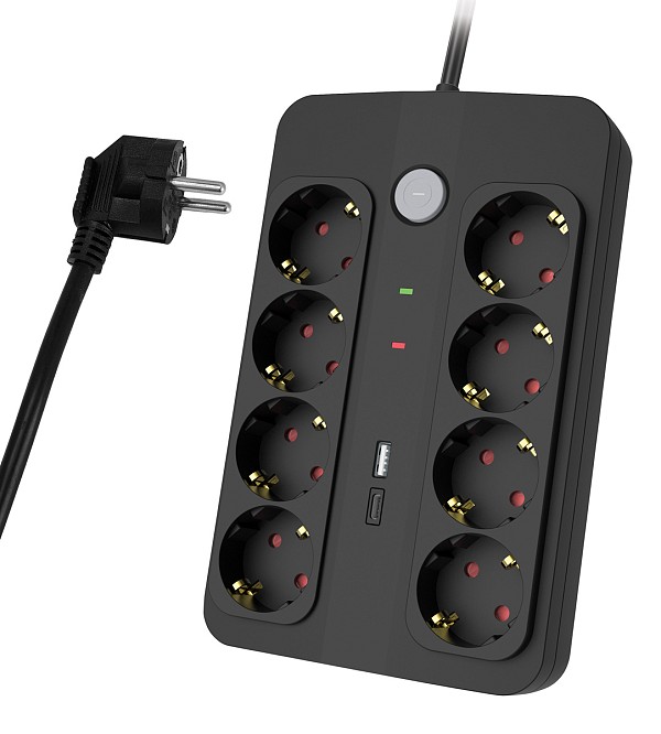 POWERTECH πολύπριζο ασφαλείας PT-1535, 8 θέσεων, με USB & USB-C θύρες, 16A, 1.5m, μαύρο PT-1535