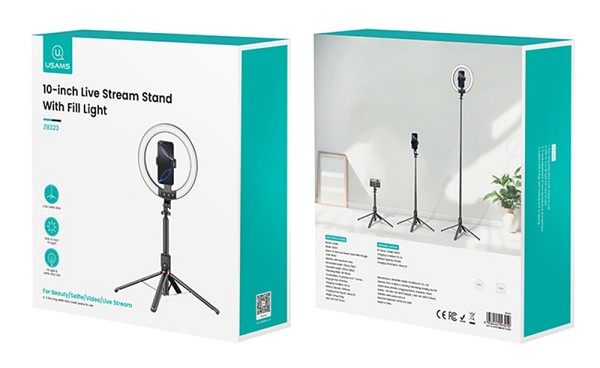 USAMS φωτιστικό δαχτυλίδι LED ZB323 με τρίποδο & βάση smartphone, μαύρο ZB32301