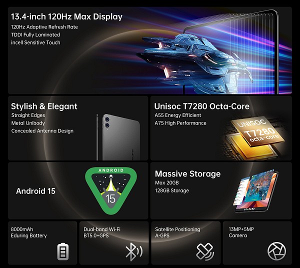 TECLAST tablet T65 με πληκτρολόγιο/στυλό αφής/θήκη, 13.4, 6/128GB, 4G, Android 15, 8000mAh, γκρι T65-6128-VIP