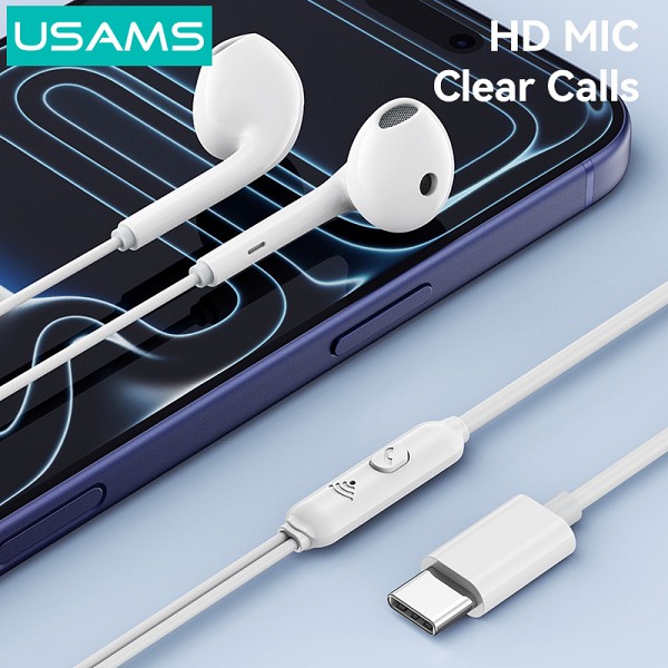 USAMS earphones με μικρόφωνο SJ771, USB-C σύνδεση, 1.2m, λευκά HSEP5001