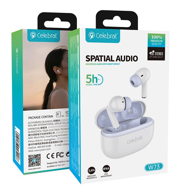 CELEBRAT earphones με θήκη φόρτισης W73, True Wireless, 13mm, 33/380mAh, λευκά W73-WH