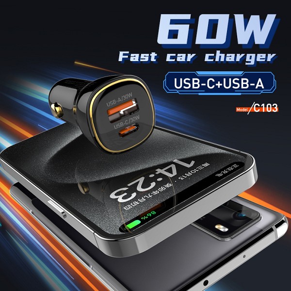 LDNIO φορτιστής αυτοκινήτου C103 με καλώδιο USB-C, USB/USB-C, 60W, μαύρος 5210131159941