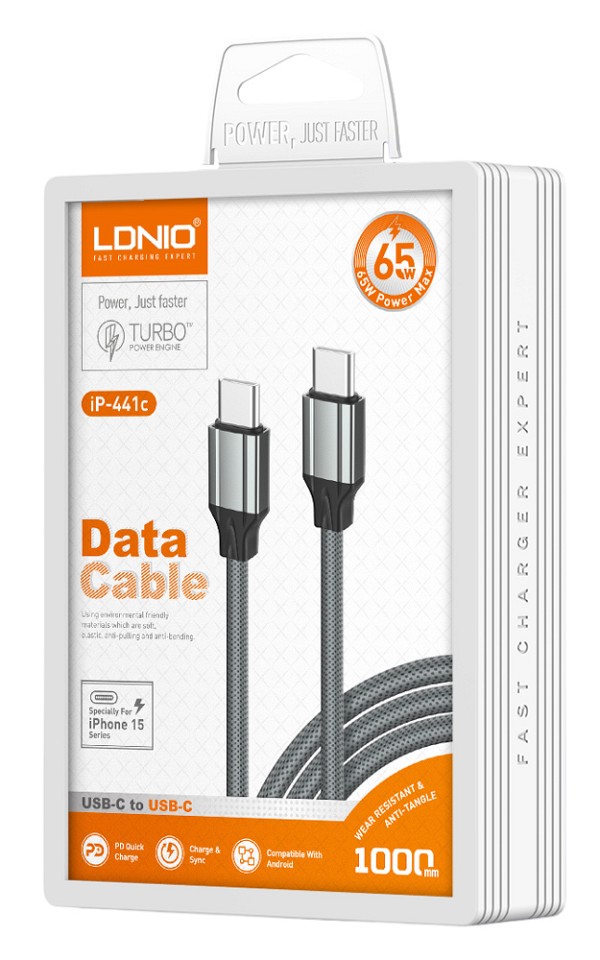 LDNIO καλώδιο USB-C iP-441c, 65W, 480Mbps, 1m, γκρι 6933138602317