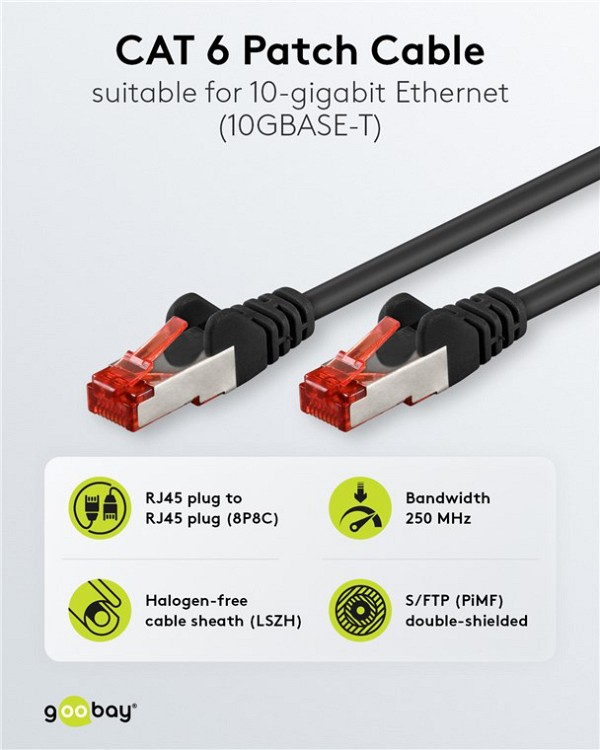 GOOBAY καλώδιο δικτύου 68702, CAT 6 S/FTP, copper, 250MHz, 7.5m, μαύρο 68702