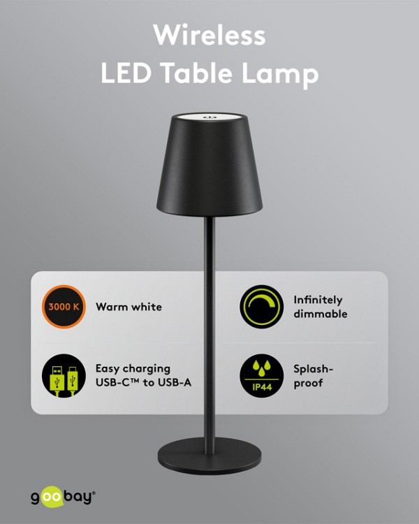 GOOBAY επιτραπέζιο φωτιστικό 77673, 3000K, dimmable, επαναφορτιζόμενο, μαύρο 77673