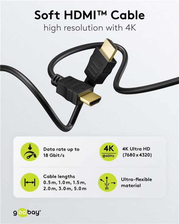 GOOBAY καλώδιο HDMI 80105 με Ethernet, soft, 4K/60Hz, 18 Gbps, 5m, μαύρο 80105