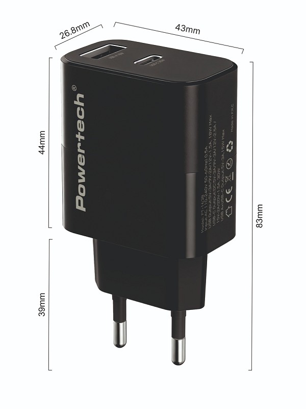 POWERTECH φορτιστής τοίχου PT-1638 με καλώδιο, USB/USB-C, 30W, GaN, μαύρος PT-1638