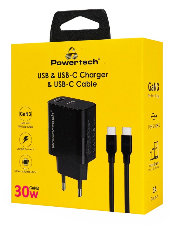 POWERTECH φορτιστής τοίχου PT-1638 με καλώδιο, USB/USB-C, 30W, GaN, μαύρος PT-1638