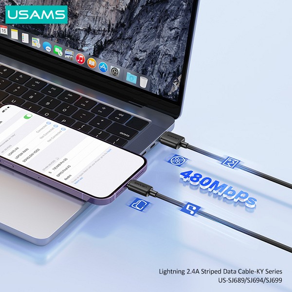 USAMS καλώδιο Lightning σε USB US-SJ694, 2.4A, 480Mbps, 2m, μαύρο SJ694USB01