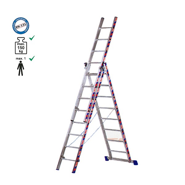 Σκάλα επαγγελματική αλουμινίου τριπλή - 3*11 σκαλιά ύψος Α/Β/Γ:3,00m/5,00m/7,50m.