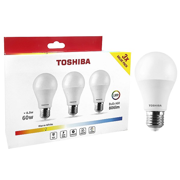 ΛΑΜΠΕΣ LED TOSHIBA ΣΕΤ=3 ΤΕΜ N_3PACK A60 E27 8,5W 3000K