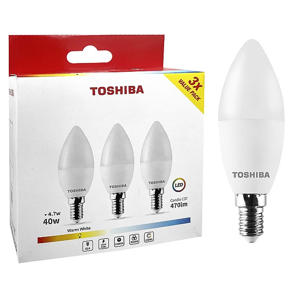 ΛΑΜΠΕΣ LED TOSHIBA ΚΕΡΙ ΣΕΤ=3 ΤΕΜ N_3PACK C37 E14 4,7W 3000K